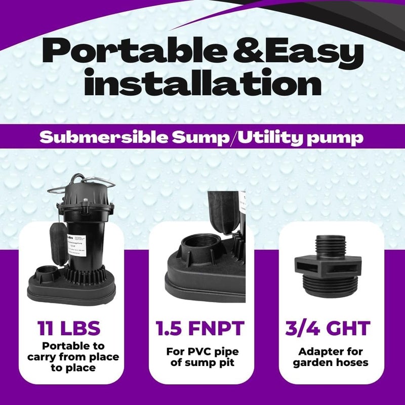 RainBro 1/2 HP Thermoplastic Submersible Sump Pump With Vertical Float Switch, Utility Pump, Model# PSU051V - Image 2